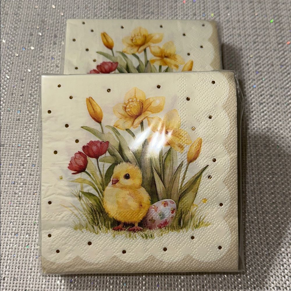 OCS Easter Beige Yellow Gold Pink Cheerful Chick Floral Square Napkins 40 pk x 2